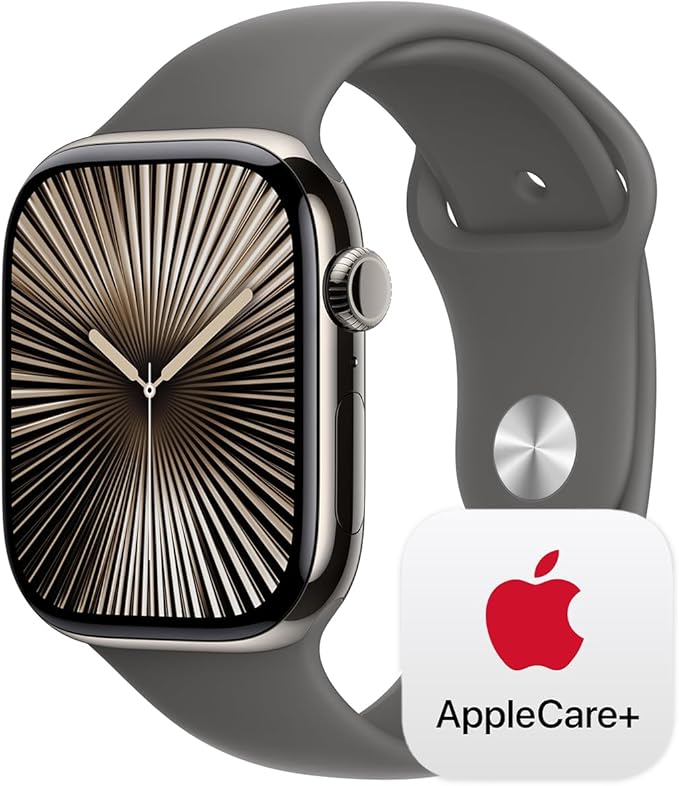 Apple Watch Series 10 [GPS + Cellular 46mm] with Natural Titanium Case with Stone Gray Sport Band - M/L. Fitness Tracker, ECG App, Always-On Retina Display, Water Resistant with AppleCare+ (2 Years)