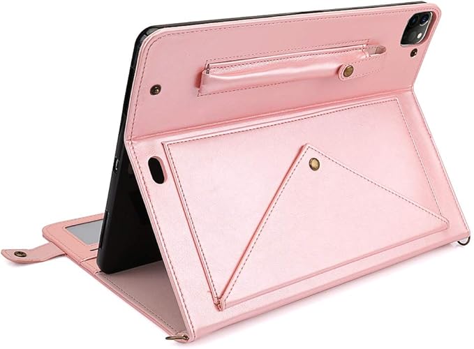Case for iPad Pro 12.9" 2022/2021/2020, iPad Air 13" - Techcircle Folio Stand PU Leather Cover w/Hand Strap, Pencil Holder Crossbody Card Slots Envelope Pocket Wallet Case, Rose Gold