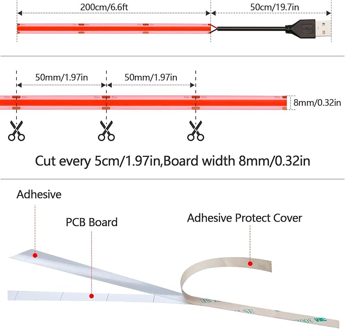 DC 5V USB COB Red LED Strip Light Dimmable IP65 Waterproof USB Powered 6.6ft/2M 640LEDs with Dimmer High Brightness Flexible LED Tape Lights