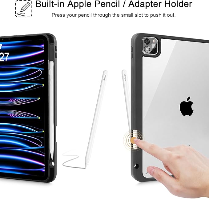 Tuiklol for iPad Pro 11 Inch 4th / 3rd / 2nd / 1st Gen (2022 2021 2020 2018) Case -Built-in Pencil Holder Shockproof Cover Clear Transparent Back Shell with Auto Wake/Sleep, Spot-Black