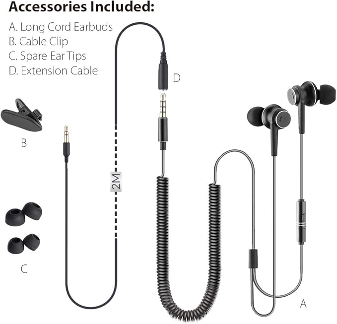 Avantree Long Cord Earbuds for TV & PC, 18ft / 5.5m Extension Cable Earphones with Mic & Extra Long Spring Coil Wire, Metal Stereo in-Ear Wired Bass Headphones for 3.5mm Audio Output Devices - HF027