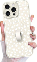 KANGHAR Compatible with iPhone 15 Pro Case, Support for MagSafe, Silicone Speck Leopard Cute Pattern, Wristband Kickstand Camera Protection Soft Slim Cover for Girls Women -White