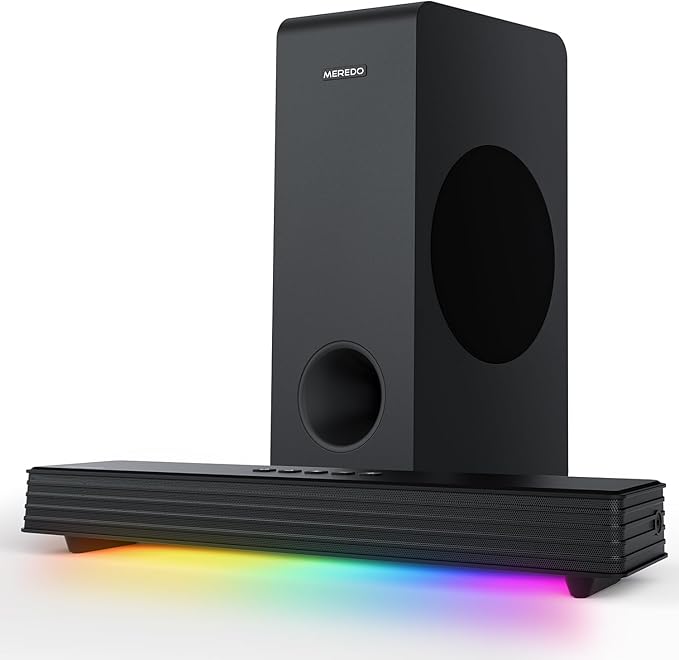 MEREDO Sound Bar for Smart TV 160W 3.1CH PC Gaming Soundbar with Subwoofer RGB Lighting Audio Sync Surround Sound System BT 5.3/HD-ARC/Optical/AUX/USB for Desktop Tablets Consoles Home Cinema
