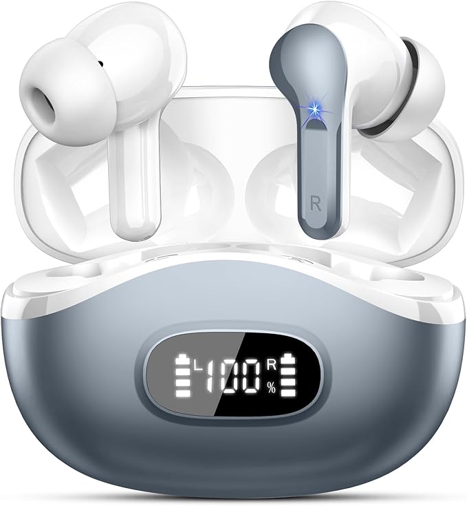 Wireless Earbuds, Bluetooth Headphones 5.4 HiFi Stereo, Ear Buds with 4 ENC Noise Cancelling Mics, 48H Bluetooth Earbuds with Dual LED Display, IP7 Waterproof in Ear Earphones for Android iOS, Gray