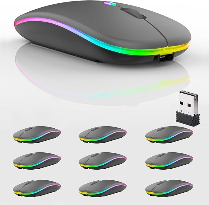 Guiheng 10 Pack Wireless Bluetooth Mouse,LED Dual Mode Rechargeable Silent Slim Laptop Mouse,Portable(BT5.2+USB Receiver) Dual Mode Computer Mice,for Laptop,Desktop Computer,Tablet,Phone,TV (Grey)