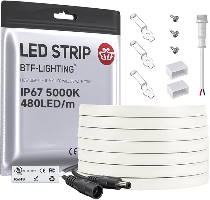 BTF-LIGHTING FCOB COB LED Strip Flexible High Density Uniform Light 9W/m 16.4FT DC12V Daylight White 5000K 480LEDs/m CRI 90+ 8mm IP67 Waterproof Width Dimmable LED Ribbon(No Adapter or Controller)