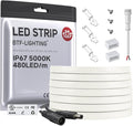 BTF-LIGHTING FCOB COB LED Strip Flexible High Density Uniform Light 9W/m 16.4FT DC12V Daylight White 5000K 480LEDs/m CRI 90+ 8mm IP67 Waterproof Width Dimmable LED Ribbon(No Adapter or Controller)