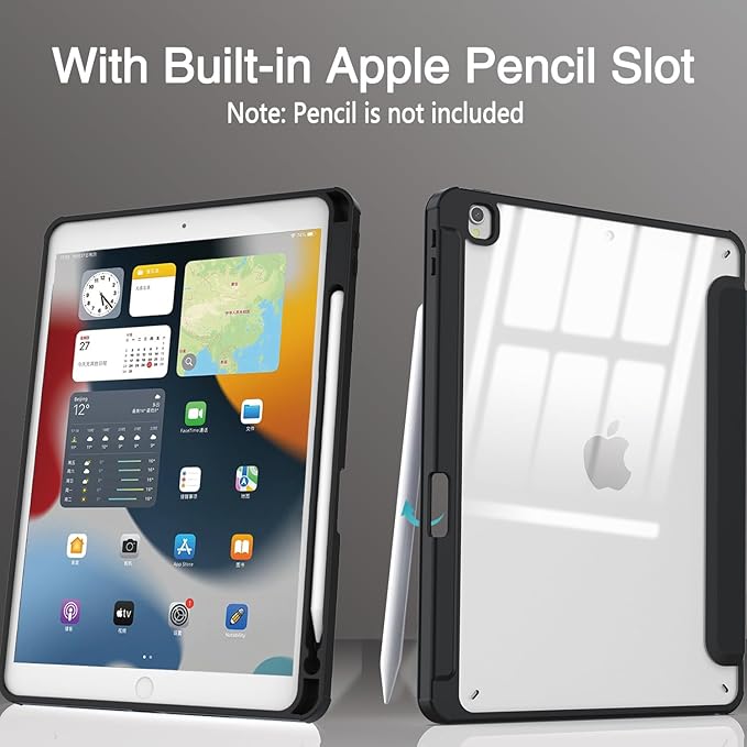 Case for iPad 9th / 8th / 7th Generation (2021/2020 / 2019), for iPad 10.2 Inch Protetive Case with Pencil Holder, Stand Tablet Clear Back Cover, Auto Sleep/Wake - Black