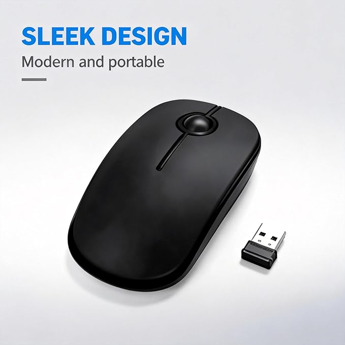 Unipows Wireless Mouse - 2.4G Slim Portable Computer Mouse with Nano Receiver, Less Noise Mobile Optical Mice for Notebook, PC, Laptop, Computer, Mac (Black)