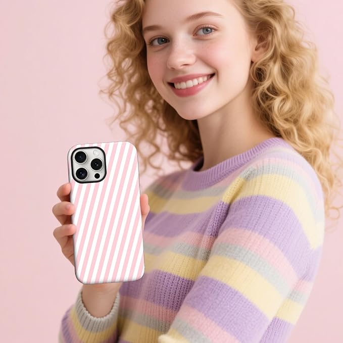 Magnetic for iPhone 15 Pro Max Case Cute Diagonal Stripes Phone Case, Shockproof Slim TPU and Hard PC Protective Phone Cover Compatible with MagSafe Designed for Women Girls,Pink