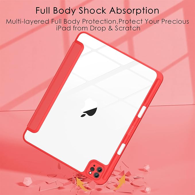 Soke Case for iPad Pro 12.9 Inch (6th/5th/4th/3rd Generation, 2022/2021/2020/2018) - Pencil Holder + Auto Sleep/Wake + Camera Protection, Transparent Shockproof Back Cover, Burgundy Red