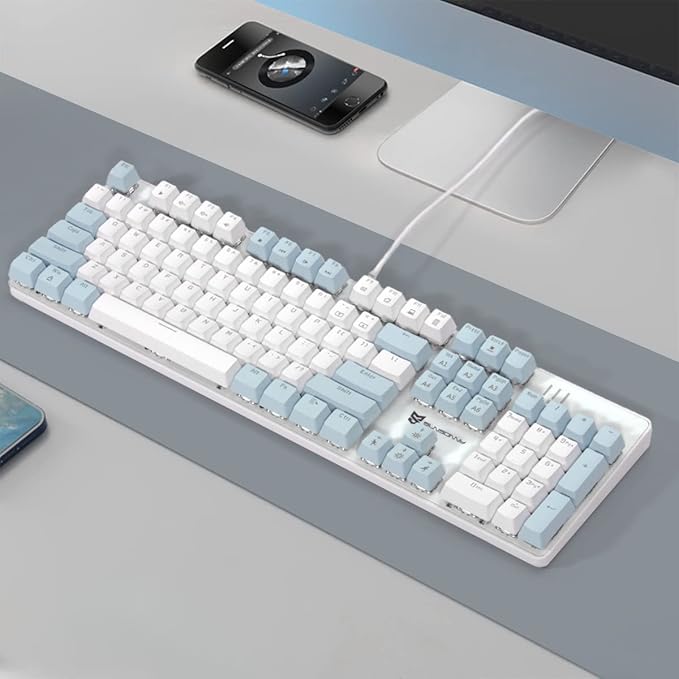Merdia 104 Keys US Layout Wired Mechanical PC Gaming Keyboard | White LED Backlit Hot Swappable Brown Switch Full Size Mechanical Keyboard | Blue & White Keycaps Wired Gaming Computer Keyboards