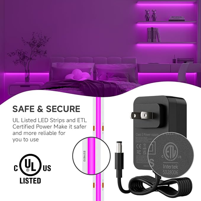 BTF-LIGHTING COB LED Strip Light 24V 16.4FT UL Listed, Purple Color Dimmable High Density Flexible Tape Light with RF Remote & ETL Power Adapter, Ultra Bright for Bedroom Kitchen Home Indoor Lighting