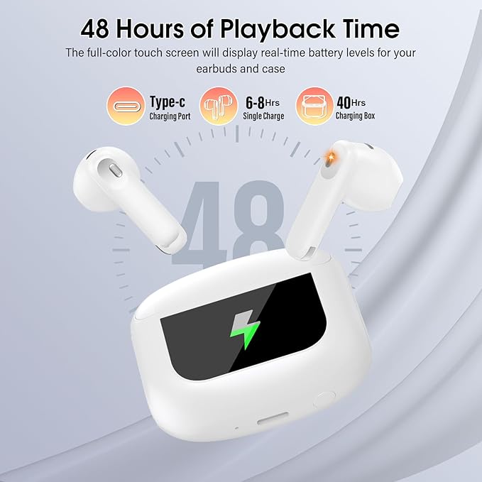 Wireless Earbuds, Bluetooth 5.4 Headphones with Multifunctional Touch Screen, 48H Hi-Fi Stereo Ear Buds with ENC Noise Cancelling Mic/5 EQ Modes Earbuds, IPX7 Earphones for iOS Android White