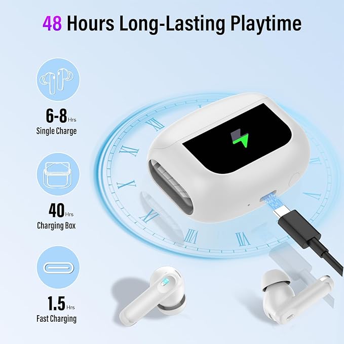 Wireless Earbuds, Bluetooth 5.4 Headphones with Multifunctional Touch Screen, 48H Bass Stereo Ear Buds with ANC/ENC Noise Cancelling/Transparency Mode, IPX7 Earphones with 5 EQ Modes, Milky White