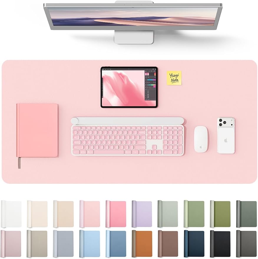 YSAGi Leather Desk Protector, Office Mat, Large Mouse Mat, Non-Slip PU Leather Blotter, Laptop Desk Pad, Waterproof Writing Pad for Office and Home (Light Pink, 35.4" x 17")