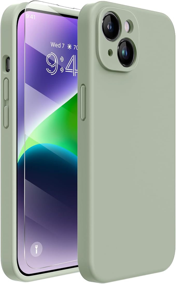 Miracase Designed for iPhone 14 Case with Screen Protector,[Upgraded Enhanced Camera Protection],Shockproof Liquid Silicone Case with Microfiber Lining, 6.1 inch,Patina Green