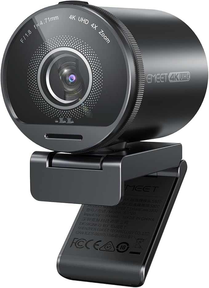 EMEET SmartCam S800 4K Webcam for Streaming, 1/2'' Sensor, Supports HDR, PDAF&TOF Dual-autofocus, 1080P@60fps, 2 Noise-Cancelling Mics, 40°-73° FOV, Perfect for Live Streaming & Online Meetings