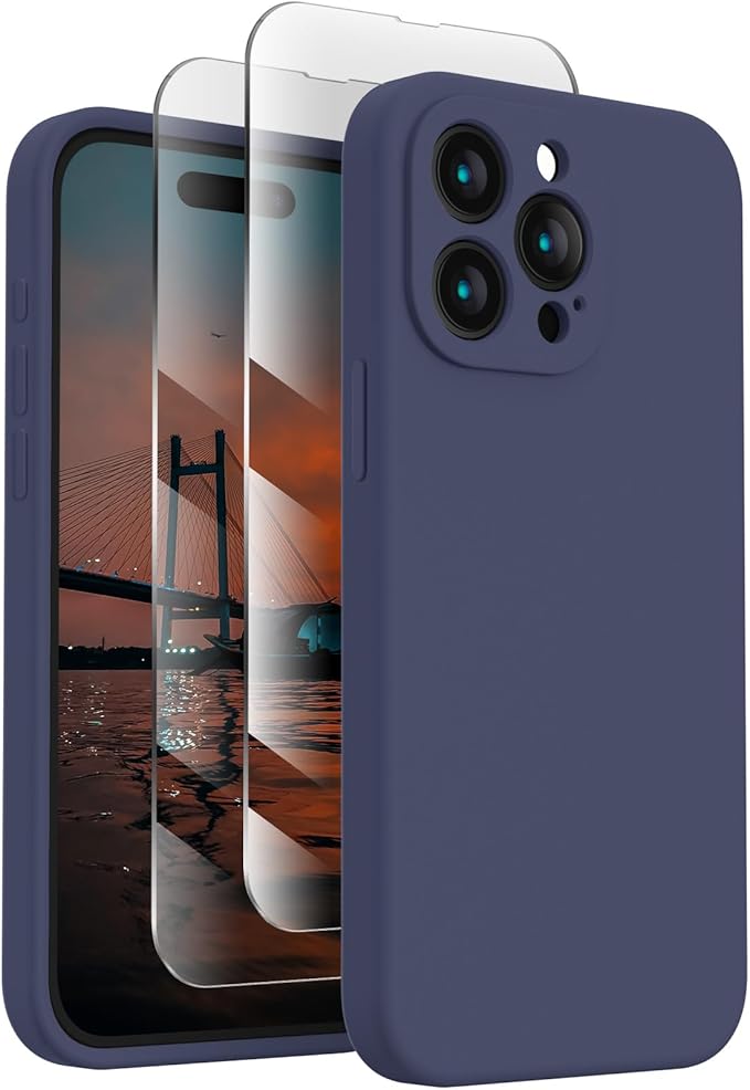 FireNova Designed for iPhone 15 Pro Max Case, Silicone Upgraded [Camera Protection] Phone Case with [2 Screen Protectors], Soft Anti-Scratch Microfiber Lining Inside, 6.7 inch, Navy Blue