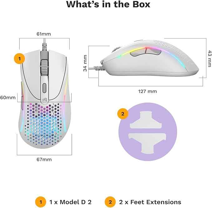 Glorious Gaming - Superlight Wired PC Gaming Mouse with Honeycomb Shell, 6 Programmable Buttons, RGB Lighting & PTFE Skates - Model D 2, Matte White