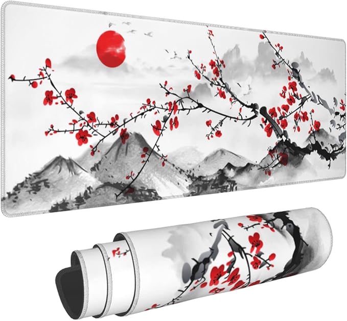 Watercolor Cherry Blossom Mouse Pad 31.5x11.8 Inch Pink Full Desk Japanese Sakura Mousepad Extended Large Non-Slip Rubber Base Waterproof Big Keyboard Mat with Stitched Edges for Gaming and Office