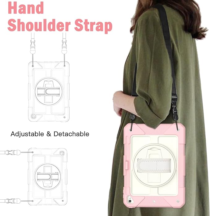 BMOUO Case for iPad 6th/5th Generation Case (9.7 inch, 2018/2017), 360°Rotating Stand, Hand/Shoulder Strap Shockproof iPad 9.7” Case for iPad Air 2, Pink