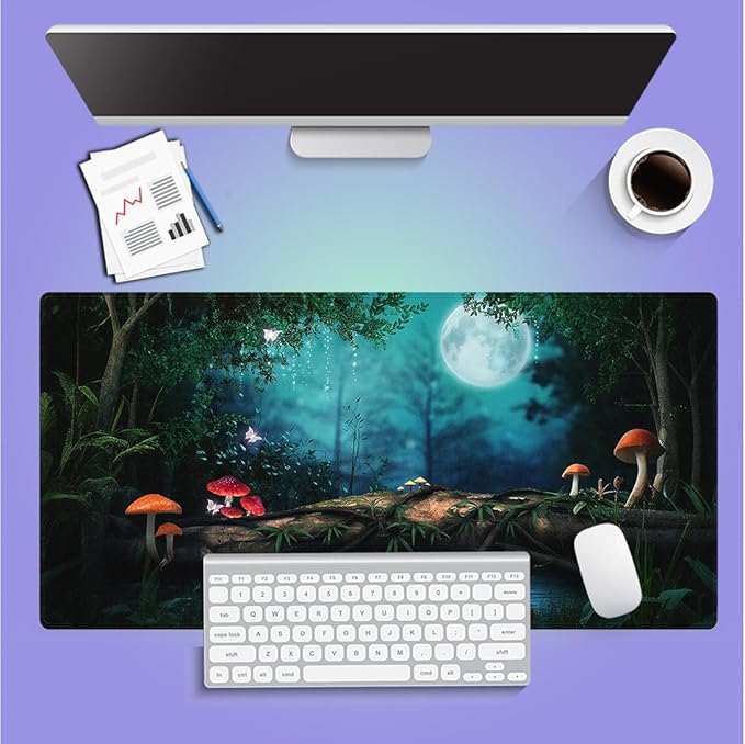 Large Gaming Mouse Pad (31.5" x 15.8") - Enchanted Forest Night Mushrooms and Fairies Fairy Tale, Extra XXL Office Accessories, Premium Stitched Anti-Slip Office Desk Mat