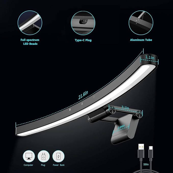 Universal Curved Monitor Light - Adjustable Clip for 27"-49" Screens, USB-C Powered, Works with PC/TV/PS5, 10 Brightness Levels