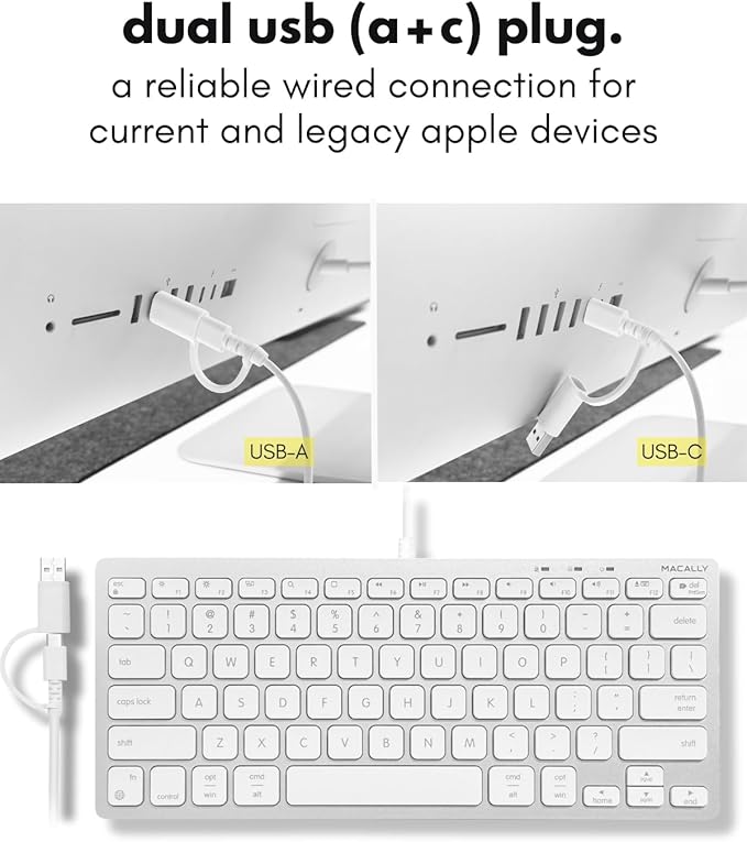 Macally USB C Wired Keyboard for Mac (USB C + USB A) – Compatible Keyboard for MacBook Pro/Air, iMac & MacMini – Compact Aluminum Mac Keyboard