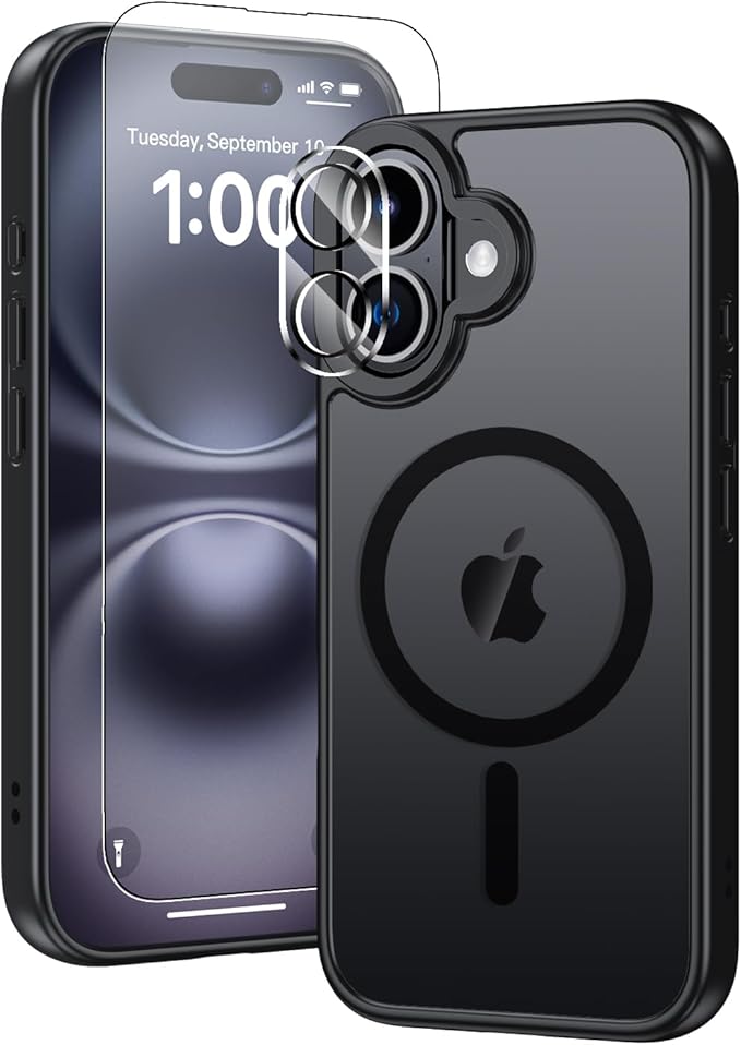 for iPhone 16 Case,Compatible with MagSafe, Includes Tempered Glass Screen & Lens Protectors, Translucent Matte Anti-Fingerprint, Slim Full-Body Military Grade Shockproof case