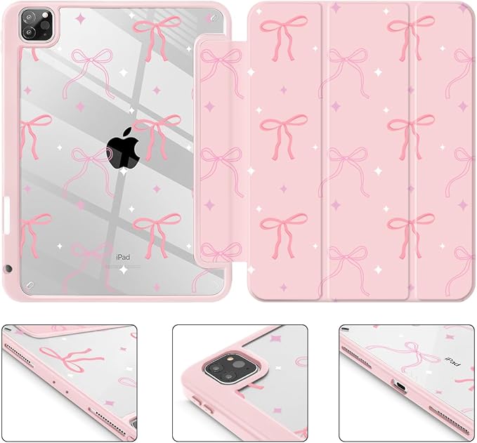Tuiklol for iPad Pro 11 Inch 4th / 3rd / 2nd / 1st Gen (2022 2021 2020 2018) Case -Built-in Pencil Holder Shockproof Cover Clear Transparent Back Shell with Auto Wake/Sleep, Pink Bows
