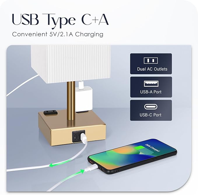 Set of 2 Bedside Table Lamp 3 Way Dimmable Nightstand Lamp with USB C & USB A Charging Port, 2 AC Outlets, 3000K LED Bulbs (Pleate)