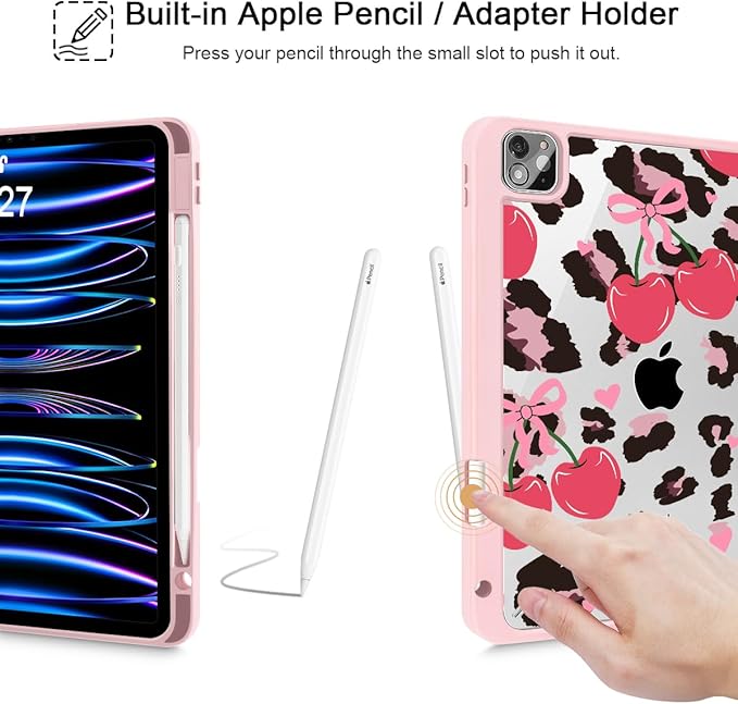 Mektron Case for iPad Pro 11 inch Case M2 2022 Generation 4th, Fit 2021 2020 2018 iPad Pro 11" (3rd, 2nd & 1st Gen) -Buit in Pencil Holder with Shockproof Cover Clear Shell, Cherry & Cheetah