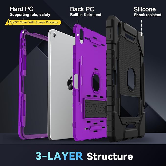 Grifobes for iPad A16 Case 11th Generation 11 inch 2025 / iPad 10th Generation Case 10.9 inch 2022, Heavy Duty Military Grade Shockproof Cover with Pencil Holder for i Pad 11/10 (Black+Purple)