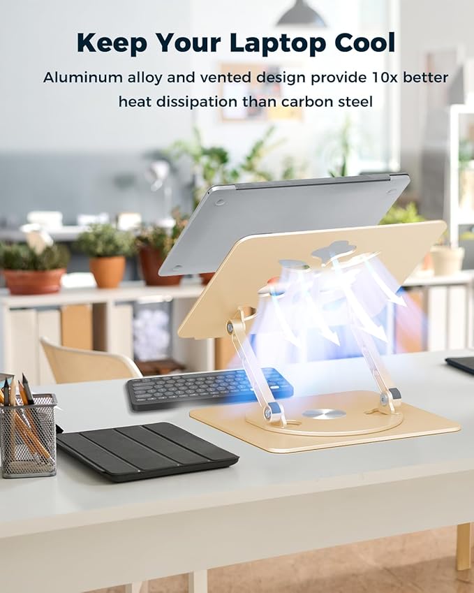 Aoviho 360° Rotating Laptop Stand for Desk | Adjustable, Foldable, Portable Aluminum Ergonomic Riser | Compatible with MacBook, Dell, HP & All Laptops 10-16 inch | Gold