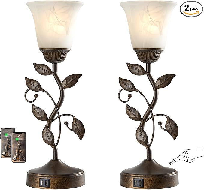 Set of 2 Touch Farmhouse Bedroom Table Lamps, Nightstand Vintage Flower Lamps with 2 USB Ports, 3 Way Dimmable Leaf Lamp for Living Room with White Glass Shades, Bulbs Included