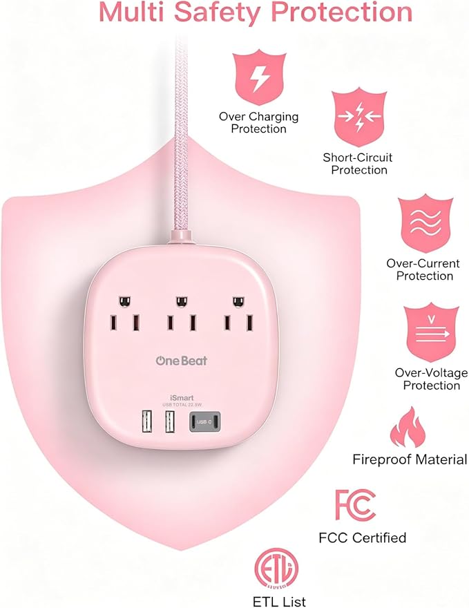 Cruise Ship Travel Essentials, 22.5W/4.5A Flat Plug Power Strip, 6Ft Extension Cord, 3 Outlets 4 USB Ports (2 USB C) Cruise Approved Power Strip No Surge Protection, Desktop Charging Station, Pink