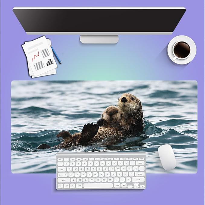Large Gaming Mouse Pad (31.5" x 15.8") - Cute Sea Otters Nature Animal Playing Water Funny Scene, Extra XXL Extended Office Accessories, Premium Stitched Anti-Slip Desk Mat