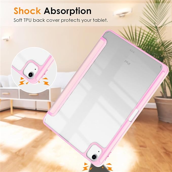 Clear Case for iPad Air 13 Inch (M4 2026/M3 2025/M2 2024)&iPad Pro 12.9 6th/5th/4th/3rd Gen (2018-2022) with Pencil Holder, Magnetic Trifold Smart Stand Cover Auto Wake Sleep (Pink)