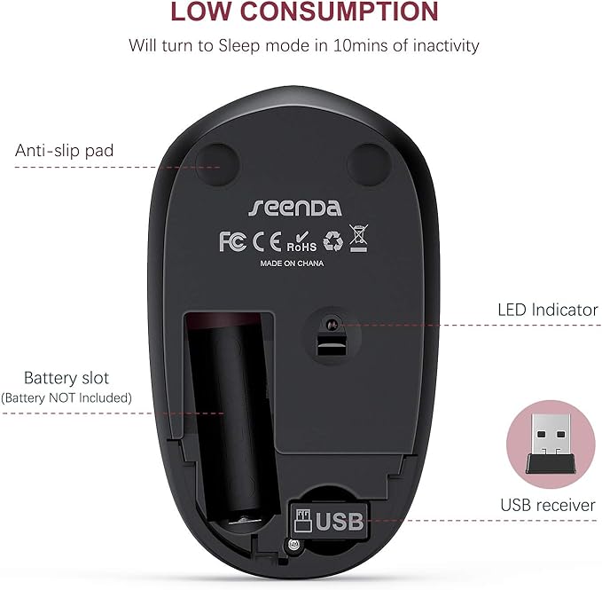 seenda Wireless Mouse for Laptop, 2.4G Noiseless Mouse with USB Receiver - Optical Tracking Portable Computer Mice for Chromebook, PC, Tablet, Windows System, 24 Months Battery Life - Red&Black