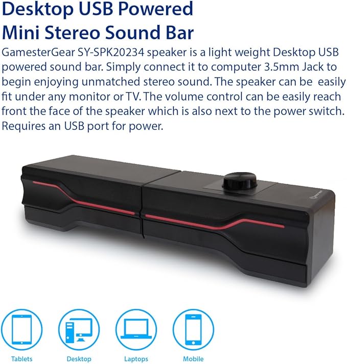 Desktop USB Powered 2-in-1 Soundbar Stereo Speaker, RGB LED Light