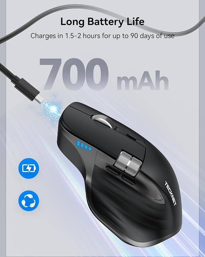 TECKNET Wireless Mouse, Bluetooth Mouse (BT5.3/5.0 & 2.4G) Rechargeable Ergonomic Optical Mouse with 6 Adjustable DPI, Side Scroll, Quiet Clicks, USB A Receiver, 7 Buttons, Wide Compatibility - Black