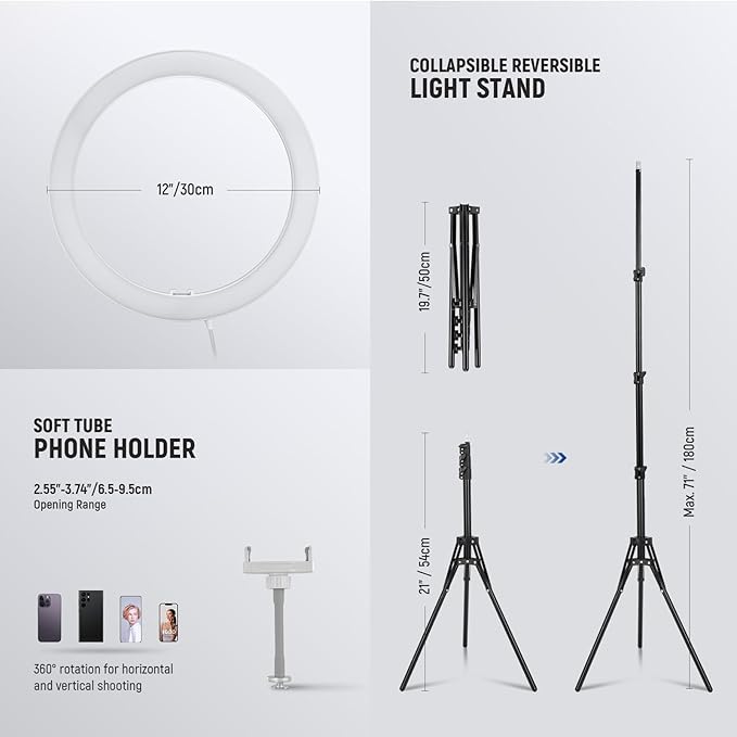 NEEWER RH12B Pro 12" 30W High Power LED Ring Light with 71" Tripod Stand Compatible with iPhone, 3290lux Bi Color Selfie Circle Light Phone Holder for Video Recording Makeup Stream, 2900-7000K CRI97+