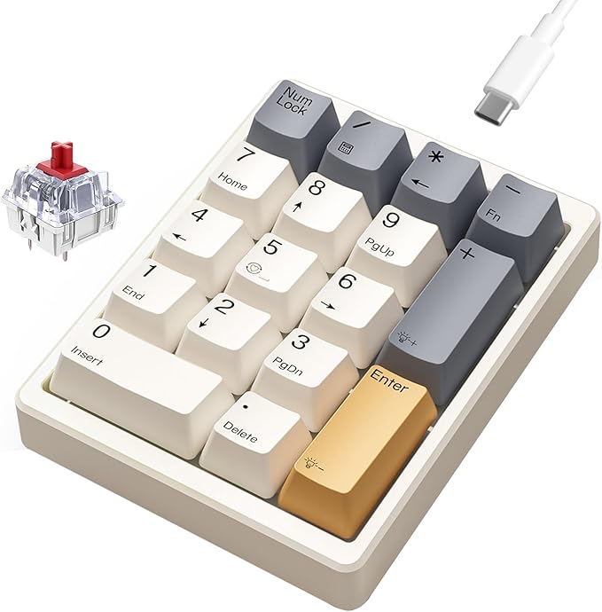 Kisnt KN17 Wired Mechanical Number Pad- 17 Keys Hot Swappable Numpad with White Backlight& PBT Keycaps for Laptop PC Compact Keyboards(Retro Beige, Red Switch)
