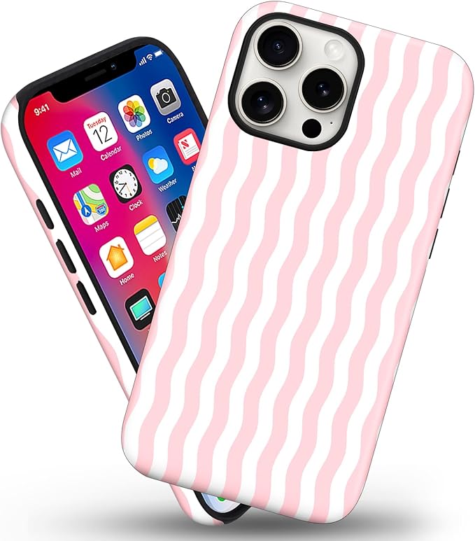 Magnetic for iPhone 14 Pro Case Cute Wavy Stripes Phone Case, Shockproof Slim TPU and Hard PC Protective Phone Cover Compatible with MagSafe Designed for Women Girls, Pink