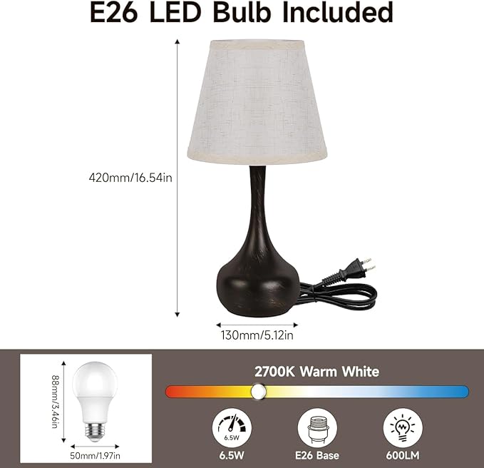 Touch Table Lamp for Bedroom Set of 2, Farmhouse 3-Way Dimmable Bedside Lamps for Nightstand with Fabric Shade, Lamps for Living Room，Desk Lamps for Home Office, Black Lamp for Bedroom