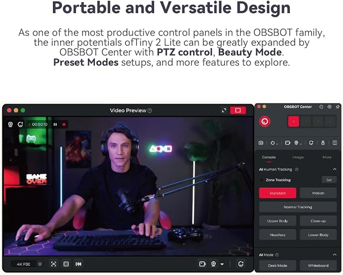 OBSBOT Tiny 2 Lite AI-Powered 4K UHD PTZ Webcam,1/2" CMOS 4X Digital Zoom, AI Auto Tracking, Auto Zoom, Gesture Control 2.0, Beauty Mode,Preset Modes,LiveStream for Game/Meeting/Online Educate