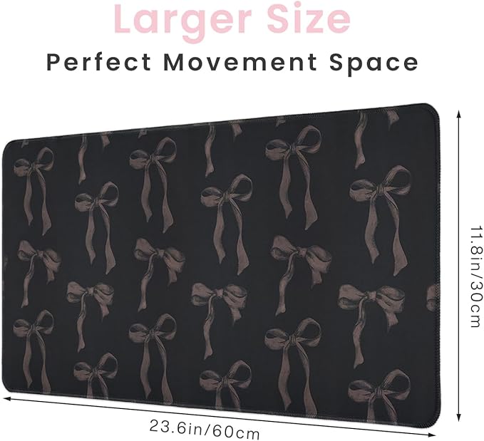 Black Desk Mat with Bows, Large Black Bow Mouse Pad Computer Mat Non-Slip Rubber Base, Cute Keyboard Mat Bow Desk Accessories Office Decor, Stitched Edge Girly Desk Pad for Girls, Women 23.6 x 11.8 in