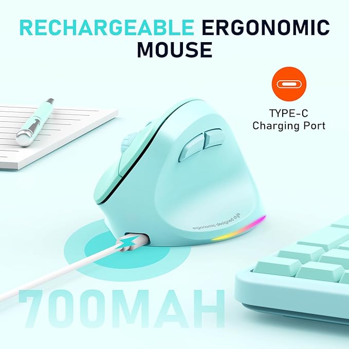 MEETION Ergonomic Mouse, Wireless Vertical Mouse RGB Backlit Rechargeable Mice for Bluetooth(5.2 + 3.0) & USB-A with USB-C Adapter 4 Adjustable DPI for Mac/Windows/Andriod/PC/Tablet/iPad GN