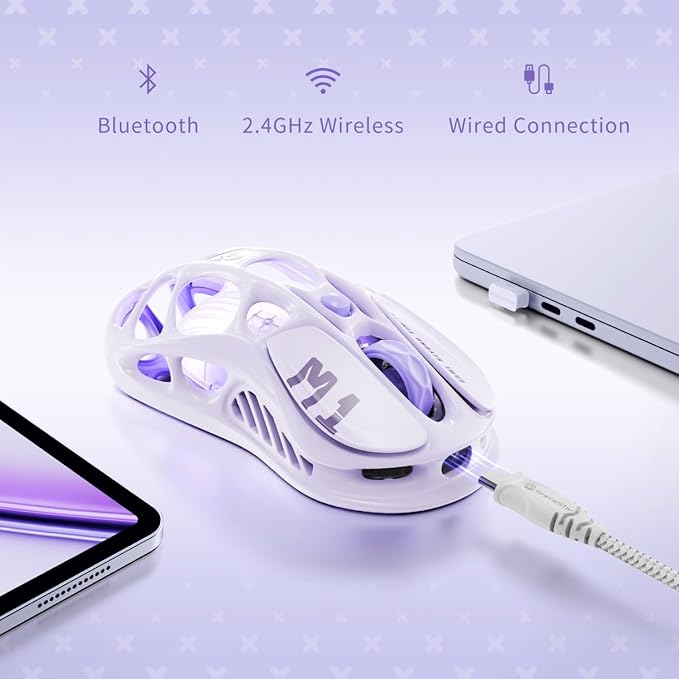 GravaStar Mercury M1 Pro Gaming Mouse, Lightweight Magnesium Alloy, 26,000 DPI, PAW3395DM Sensor, 5 Programmable Buttons, Support Wired/2.4GHz/BT, Up to 200 Hours Battery Life (Lavender Purple)
